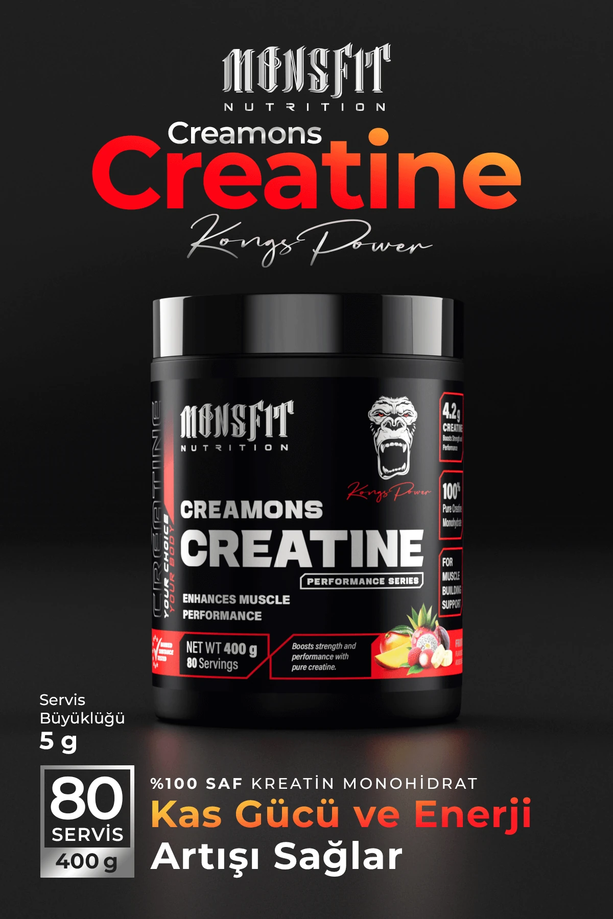 MONSFIT Creatine Creamons – 400g / 80 Servis (Tropikal Meyve Aromalı)