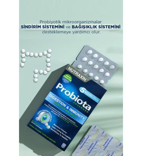Nutraxin Probiota Advanced tabletleri üç katlı kaplama teknolojisi sayesinde aktif probiyotikleri ısı, nem, hava ve mide asidinin etkilerine karşı koruyarak bağırsağa yüksek miktarda taşınmasını sağla